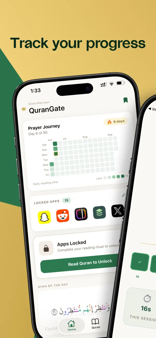Quran Gate dashboard with 90-day reading heatmap and locked apps
